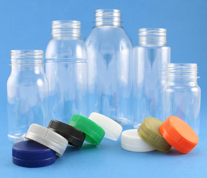 New stock range of PET beverage bottles with multi-coloured tamper evident caps